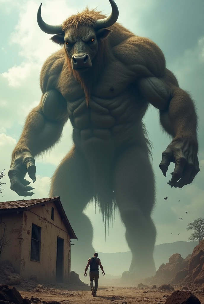 The extremely large giant bull is 1,000 times the size of a human，Then destroy the building