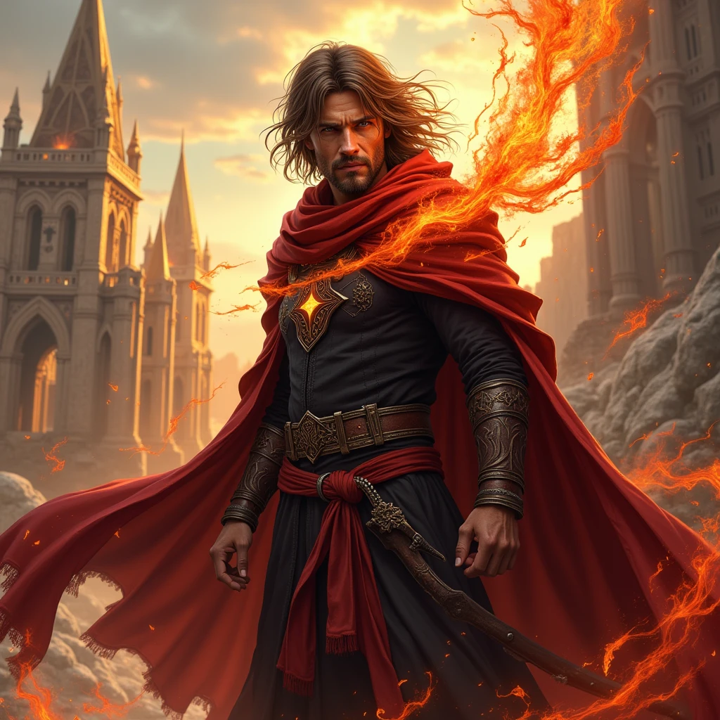 Create a pyromancer, brown haired, com manto vermelho e preto com magia de fogo baseado no mundo de d&d