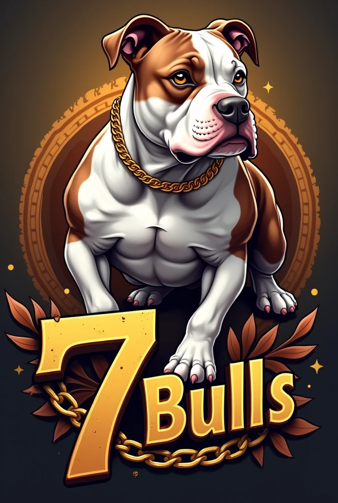 
"Generate an eye-catching logo for an exotic American Bully breeder, micro size. The dog must be muscular, white and exotic brown , with short snout, well-marked forehead and cropped ears like a pitbull. The body should resemble that of an English bulldog., but with extra defined muscles. The logo should include gold chains for a luxurious touch.. The name of the breeder is &#39;7K Bulls&#39; and must be written prominently in a stylish font. The predominant colors should be gold and rich tones that stand out."