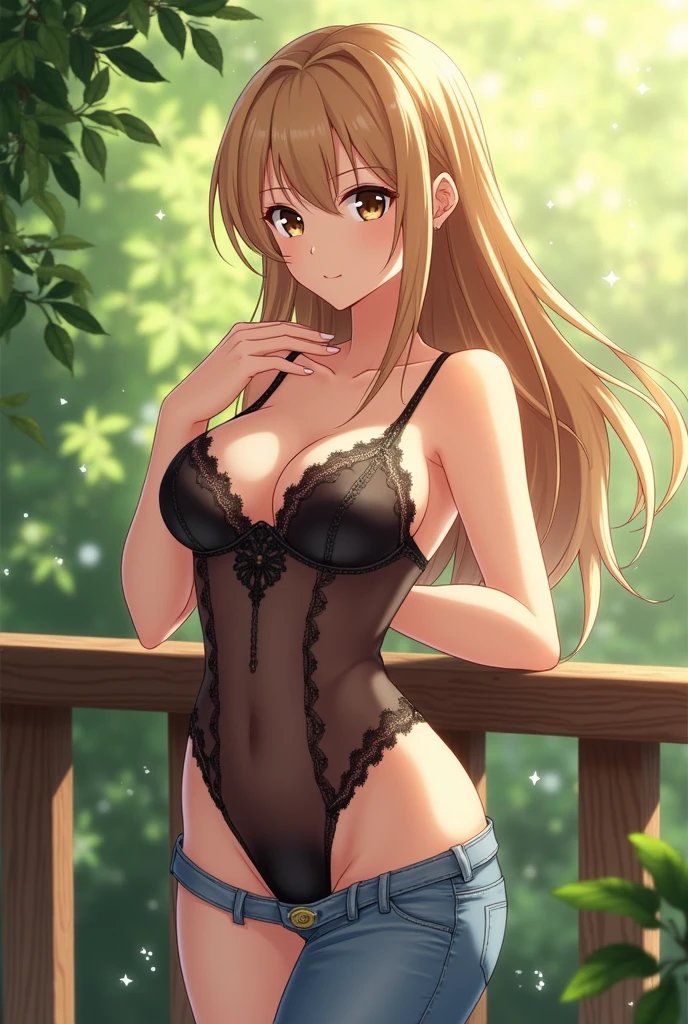 ((greatest masterpiece:1.3, ultimate quality:1.3, ultra-detailed:1.2)), (movie lighting), ((perfectly sensual)), super fine illustration, an extremely delicate and beautiful, 4K, 8K, 16K, UHD, 1girl, solo, Asuna Yuuki\(Sword Art Online\), gorgeous beige hair, long hair, lustrous dark brown eyes, voluptuous, well-proportioned feminine body, anatomically perfect, detailed beautiful face, ((alluring smile)), perfect posture, seductive gesture, medium brown hair with bangs, youthful appearance, large breasts, slim waist, outdoors, lush green garden background, wooden railing, sunlight filtering through leaves, black see-through lingerie bodysuit, intricate lace details, sheer fabric showing skin underneath, low-rise blue jeans, hand touching hair, looking to the side, serene expression, soft natural lighting, upper body focus, photorealistic style, high detail skin texture, delicate shadows, bokeh effect, nice hands, perfect hands,