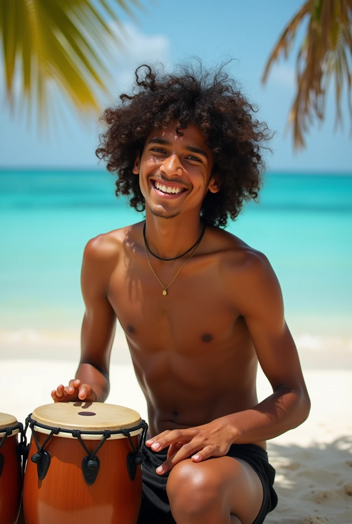 Photography of a typical 20 year old Indonesian boy with long curly hair wearing only shorts, flip-flops, smiling, sitting playing drums, Wakatobi beach in the background