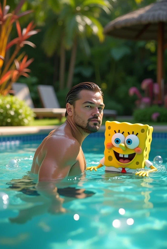 Di Caprio swimming in a pool with spongebobs