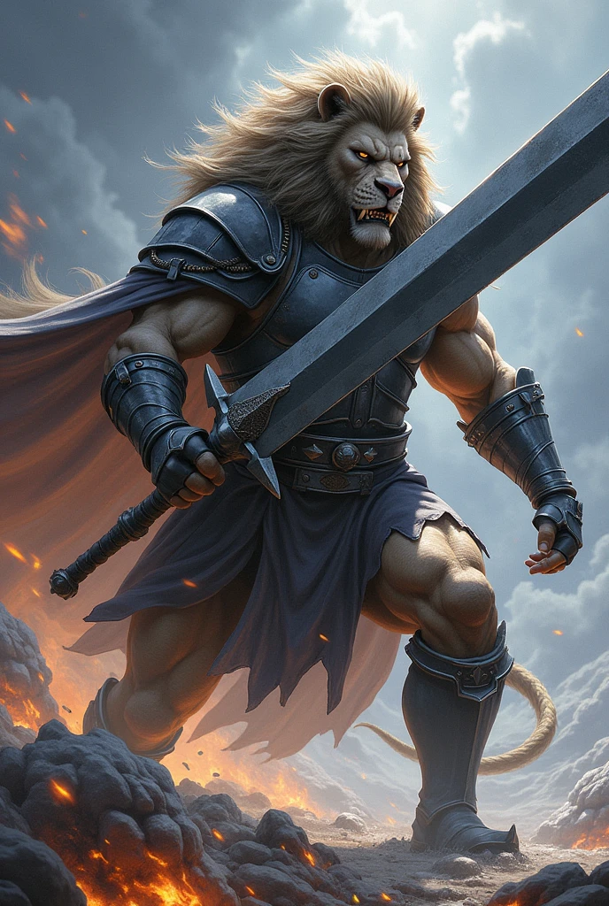 Tabletop RPG character (fully body) ultra realisitic!!! ATTACKING A TWO-HANDED CLYMORE!!! CELESTIAL WAR BACKGROUND!

3. **race**: **robe**  warrior class priest apprentice - **Characteristics**: Duriel pertence à raça robe, characterized by a bestial and leonine appearance, mixing feline traits:
     - **head**: Duriel has a face that mixes human features with those of a lion.. He has a thick, wild mane that runs down the back of his head to his shoulders.. Your eyes are intense, and their teeth are sharp, with prominent canines.
     - **cos**: robust and muscular, with a posture that reflects the strength and elegance of a warrior. Your chest is wide, and his arms are powerful, indicating his great physical strength.
     - **patas**: Its legs end in lion-like paws., com garras afiadas. The paws are covered with golden fur that reaches up to the knees.. He doesn&#39;t wear shoes, but the armor protects your ankles and part of your legs.
     - **Tailpussy**: Duriel has a lion&#39;s tail, that moves elegantly and naturally, adding to its bestial aspect.

4. **General appearance**:
   - **kor**: approximately 35 years.
   - **tenue**:
     - **armour**: Duriel wears simple, functional armor., made of sturdy metal. The armor covers his torso, Shoulders and arms, without ornaments or magical inscriptions, reflecting his battle experience and his preference for practicality.
     - **Elmo**: He wears a helmet that covers part of his face., with space for your mane to come out. The helmet has a partial mask, giving it an intimidating appearance.
     - **badass clothing**: Underneath the armor, Duriel wears leather clothes, suitable for long journeys and hostile environments.
     - **Claymore**: Duriel wields a large Claymore with **Both hands**. Made of Dwarven Steel, the sword has a dark gray tone, being robust and striking, reflecting your strength and presence.
   - **stance**: