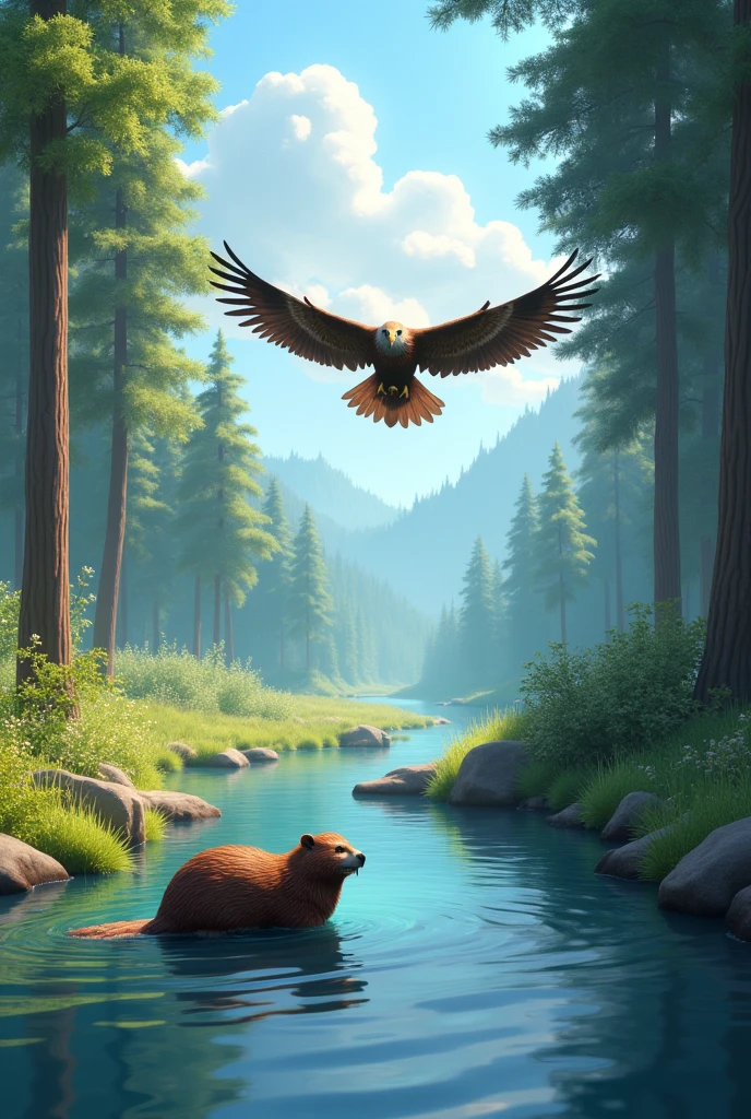 A beaver and an eagle near a river in the forest 