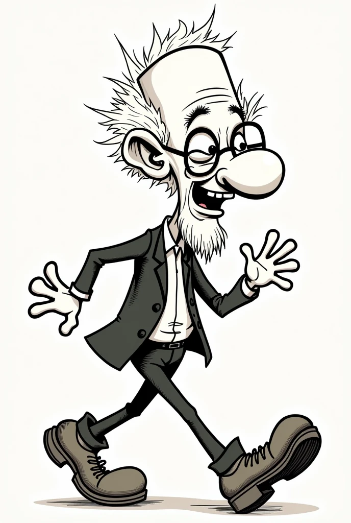 man old, large rectangular head, long white curly hair and bald, wearing square glasses, in motion walking, 1930s style rubber hose, white gloves rounded fingers, big shoe, smiling, marked cheek expression line, frizzy beard, short mustache, drawn with black outline like cuphead. SOCIAL CLOTHES, small pointy nose, shorty, eyes deeper and more open. without squinting.