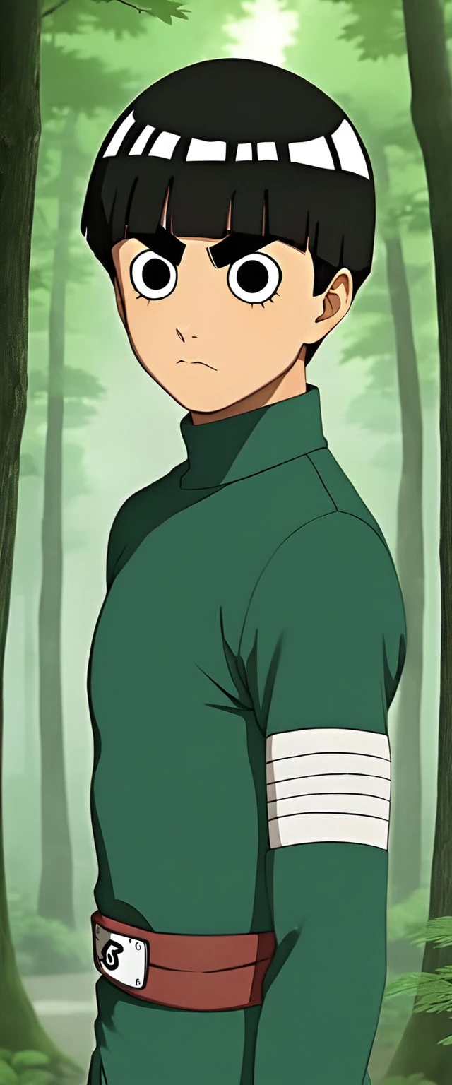 young man, tanned skin, black bowl cut hair, thick black eyebrows, round black eyes, big lips, forest green clothes, Rock lee, realistic, 3d