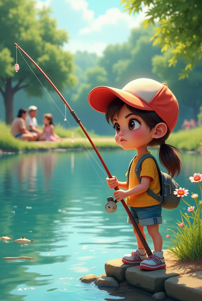 A scene where a girl is enjoying fishing on the shore of a calm lake. She is wearing a colorful cap, light outdoor clothing, and holds a fishing rod firmly in place. The sunlight reflects glitteringly on the surface of the lake, and the surrounding area is full of lush green trees and colorful flowers. The girl's expression is serious, and there is a sense of anticipation as she waits for the fish to catch. In the background, her friends and family can be seen having fun on a picnic, creating a peaceful holiday atmosphere. Overall, you can feel the fun and contact with nature.