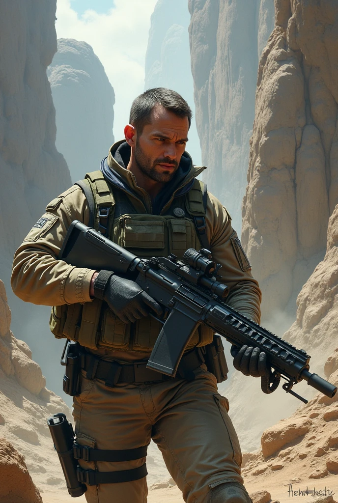 Guy holding machine gun in rocky background with the words contractors showdown above him
