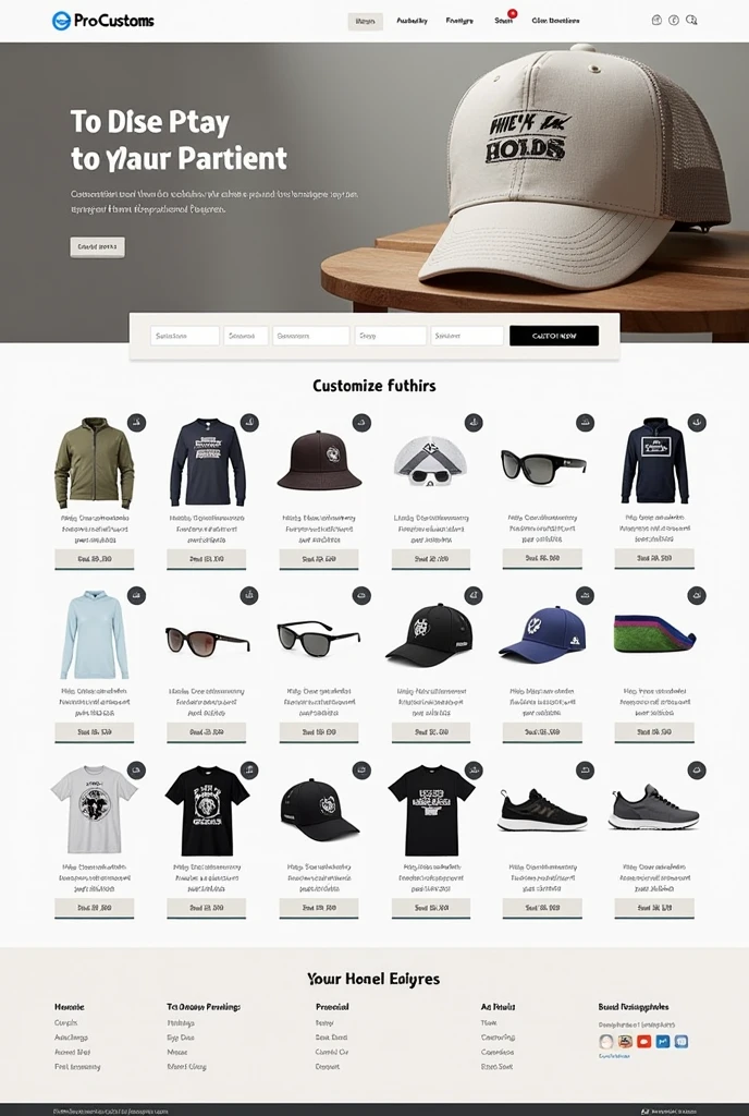 Website called pro-customs with the following features: A space where users can customize products with tools to add text, images and select colors.
The website is about the sale of customizable products by the user himself., like clothes, Accessories, household products, etc. Add another image showing the shopping cart and payment and another image of how the website would look on mobile devices of different sizes.