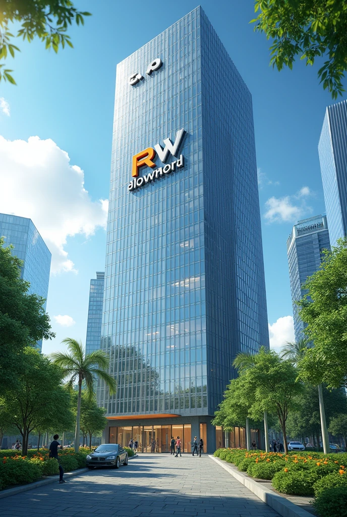 I want an animated image of a company that is a very large building and that has the letter R and the letter W as its logo. , that is with green areas.