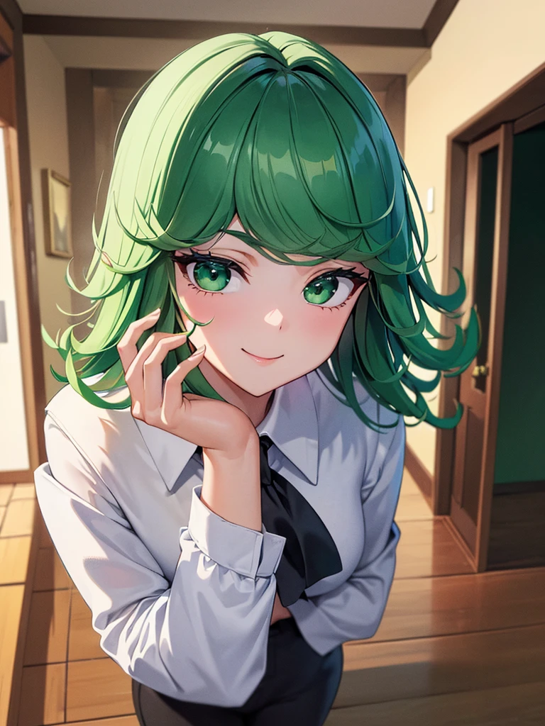 (high res, 8K, masterpiece, looking at viewer, best quality, very aesthetic, ultra detailed, ultra background, ultra Eyes) intricate details, 1girl, Tatsumaki, Wear white long sleeved shirt, long black pants, black loafers, green short hair, green eyes, smile face, Cheeks Flushed, Background campus hallway, Cinematic Angle