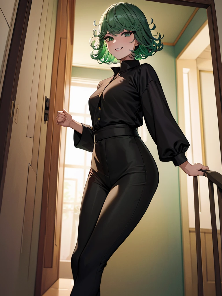 (high res, 8K, masterpiece, looking at viewer, best quality, very aesthetic, ultra detailed, ultra background, ultra Eyes) intricate details, 1girl, Tatsumaki, Wear white long sleeved shirt, long black pants, black loafers, green short hair, green eyes, smile face, Cheeks Flushed, Background campus hallway, Cinematic Angle