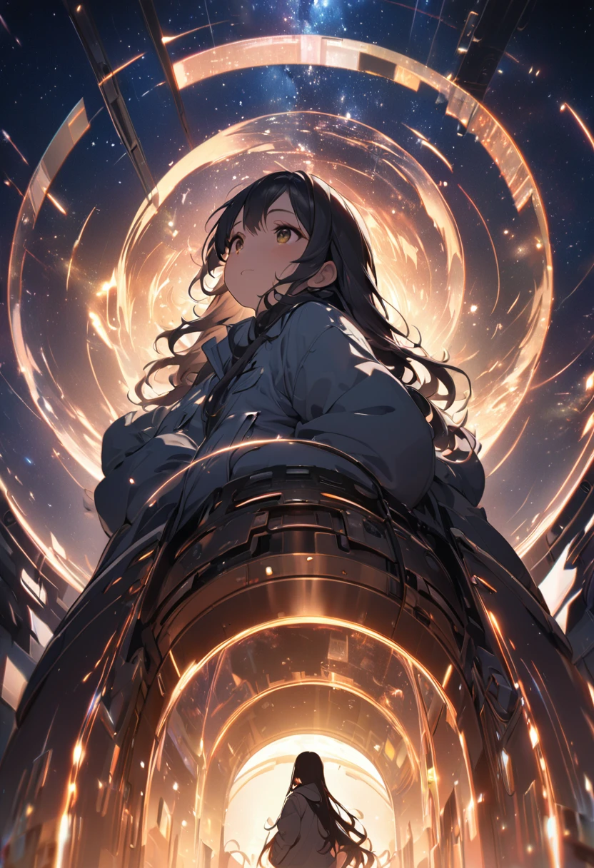 8k,wallpaper of extremely detailed CG unit, masterpiece,hight resolution,top-quality,top-quality real texture skin,hyper realisitic,increase the resolution,RAW photos,best qualtiy,highly detailed,the wallpaper,cinematic lighting,ray trace,golden ratio, BREAK ,many stars twinkling in a beautiful bright winter night sky, long exposure starry sky with many circular orbits, silhouette of a cute young woman with long hair with her hands in her coat pockets looking up at it, photo taken from long distance, photo from below, beautiful kaleidoscope multiple exposures overlapping
