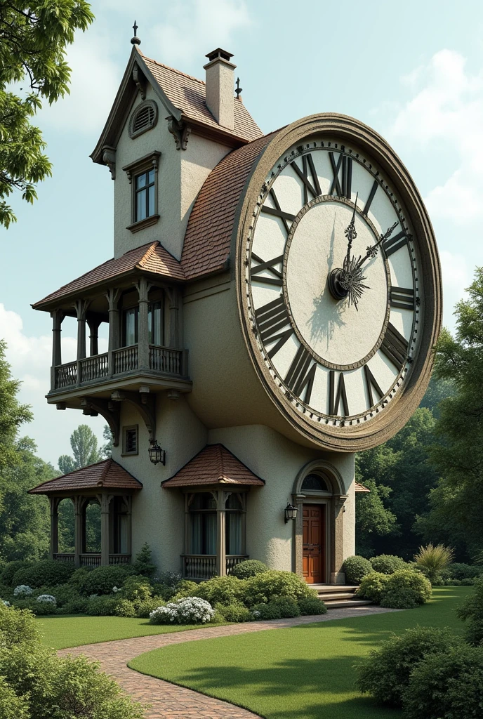 A two-story house but shaped like a clock, long and wide and large so that the shape of the clock is not very noticeable., worse that it doesn't disappear either