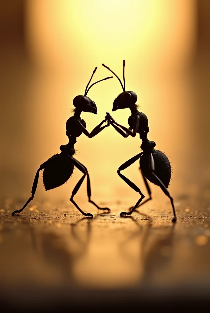 Create a realistic image showing two ants dancing tango. The image must be taken against the light, so that the shadows and profiles of the ants stand out very clearly. Ants must be in a dynamic position, Capturing the movement and grace of tango, with its antennae and legs in elegant positions. Make sure the image has a high level of detail, especially in the texture of the ants and the projected shadows. The backlight should be diffuse and soft., creating a dramatic effect that accentuates the silhouette and shape of the moving ants. The overall atmosphere should be evocative and artistic., with a focus on contrast accuracy, In the image include the 6 legs of the ants and their two antennas