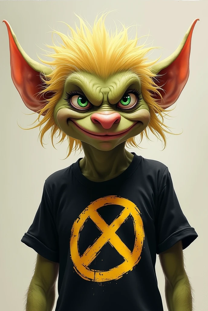 Troll in black shirt with libertarian flag. blond hair. green eyes.