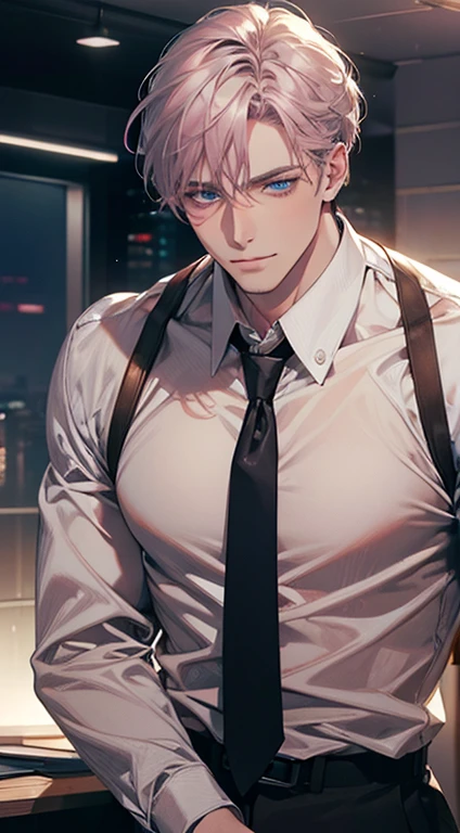 (Highest quality,4K,8K,High resolution,masterpiece:1.2),Super detailed,(Realistic,photoRealistic,photo-Realistic:1.37),1 personld,Mature Men,Beautiful skin、very handsome,Expressionless,smile,Short gray pink hair,blue eyes,Sharp Eyes,A perfect face without a doubt,Businessman,Office Background,Cinema Lighting,HDR image,tie、
