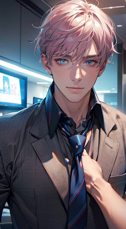 (Highest quality,4K,8K,High resolution,masterpiece:1.2),Super detailed,(Realistic,photoRealistic,photo-Realistic:1.37),1 personld,Mature Men,Beautiful skin、very handsome,Expressionless,smile,Short gray pink hair,blue eyes,Sharp Eyes,A perfect face without a doubt,Businessman,Office Background,Cinema Lighting,HDR image,tie、