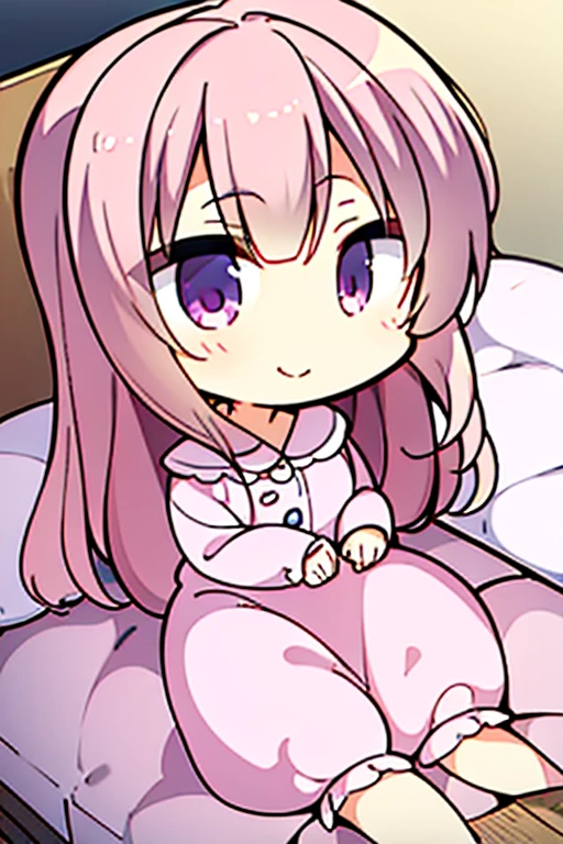 Perfect face. Perfect hands. A pink haired woman with violet eyes and an hourglass figure in adorable pajamas is laying in bed with a tired smile