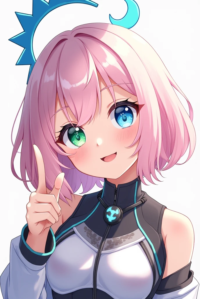 Anime human girl, a young girl with a halo shaped like a moon, light pink hair, and two different colored eyes. Her outfit is cyber-style but modern, and she has a cheerful smile.