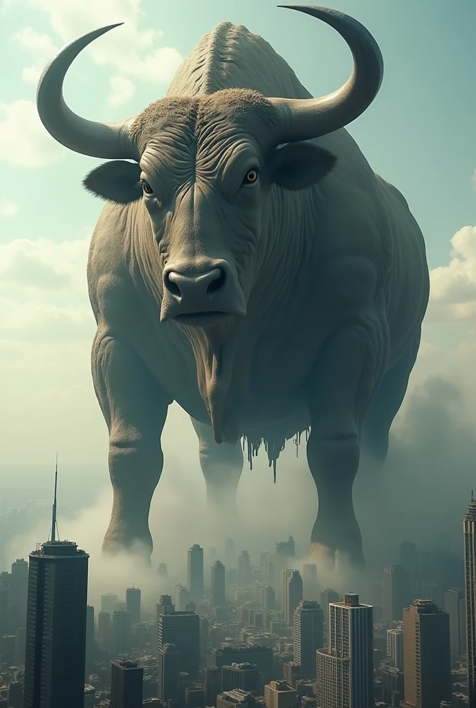 The extremely large giant bull is 10,000 times the size of a human,Then destroy the building