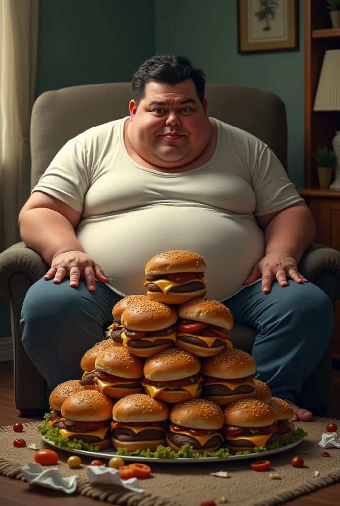 an obese man, sem T-shirt, with big tits and folds on the body, black hair, while sitting in an armchair, eating twelve hamburgers.