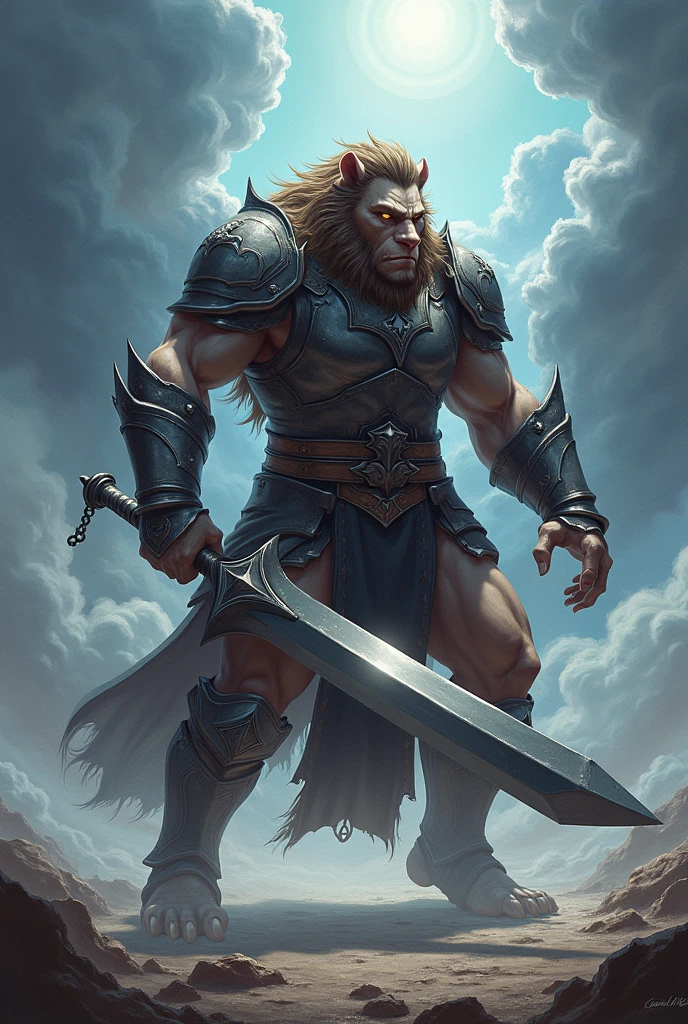 Tabletop RPG character (fully body) ultra realisitic!!! ATTACKING A TWO-HANDED CLYMORE!!! CELESTIAL WAR BACKGROUND!
3. **race**: **robe** warrior class priest apprentice - **Characteristics**: Duriel pertence à raça robe, characterized by a bestial and leonine appearance, mixing feline traits:
- **head**: Duriel has a face that mixes human features with those of a lion.. He has a thick, wild mane that runs down the back of his head to his shoulders.. Your eyes are intense, and their teeth are sharp, with prominent canines.
- **cos**: robust and muscular, with a posture that reflects the strength and elegance of a warrior. Your chest is wide, and his arms are powerful, indicating his great physical strength.
- **patas**: Its legs end in lion-like paws., com garras afiadas. The paws are covered with golden fur that reaches up to the knees.. He doesn't wear shoes, but the armor protects your ankles and part of your legs.
- **Tailpussy**: Duriel has a lion's tail, that moves elegantly and naturally, adding to its bestial aspect.
4. **General appearance**:
- **kor**: approximately 35 years.
- **tenue**:
- **armour**: Duriel wears simple, functional armor., made of sturdy metal. The armor covers his torso, Shoulders and arms, without ornaments or magical inscriptions, reflecting his battle experience and his preference for practicality.
- **Elmo**: He wears a helmet that covers part of his face., with space for your mane to come out. The helmet has a partial mask, giving it an intimidating appearance.
- **badass clothing**: Underneath the armor, Duriel wears leather clothes, suitable for long journeys and hostile environments.
- **Claymore**: Duriel wields a large Claymore with **Both hands**. Made of Dwarven Steel, the sword has a dark gray tone, being robust and striking, reflecting your strength and presence.
- **stance**: