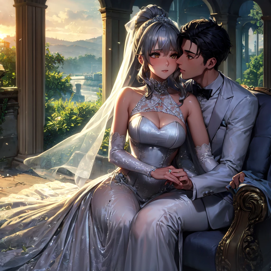 masterpiece, Best quality, masterpiece, Best quality, masterpiece, Best quality, masterpiece, Best quality, high quality, detail_skin, Beatifull_hair, detail_hair, Beatifull_hands, hands_detail, High detail, Ultra detail, HD, 4k, 4280x2240, depth field, (HDR:1.9), Correct anatomy, a masculine boy with short hair black hair abundant brown eyes with full wedding suit from groom to gentleman's suit and Palto flu pants and a girl with very long hair messy hair curly hair wavy hair (((silver hair))) high ponytail with yellow eyes in wedding dress, Dream wedding dress. love. Hand in hand looking at the New Year's sunset sunrise while kissing at church wedding with wedding rings on boy finger and wedding rings on girl finger and smiles, detail, ultra-detail, correct_position, correct_texture, correct_colors, correct_shading, correct_cgi, correct_body, correct_anatomy, correct_proportion, (correct_complete_body), source_anime,score_6_up,score_7_up,score_8_up,score_9, (Beautiful eyes), (detail_eyes), Eyesclothing cutout, veil,see-through,wide sleeves, white leotard,long sleeves,frilled sleeves,frills,bridal veil, Detailedface, artist(ReDrop), Romántica style sleve, EasyNegative_pt , beatifull_detail,