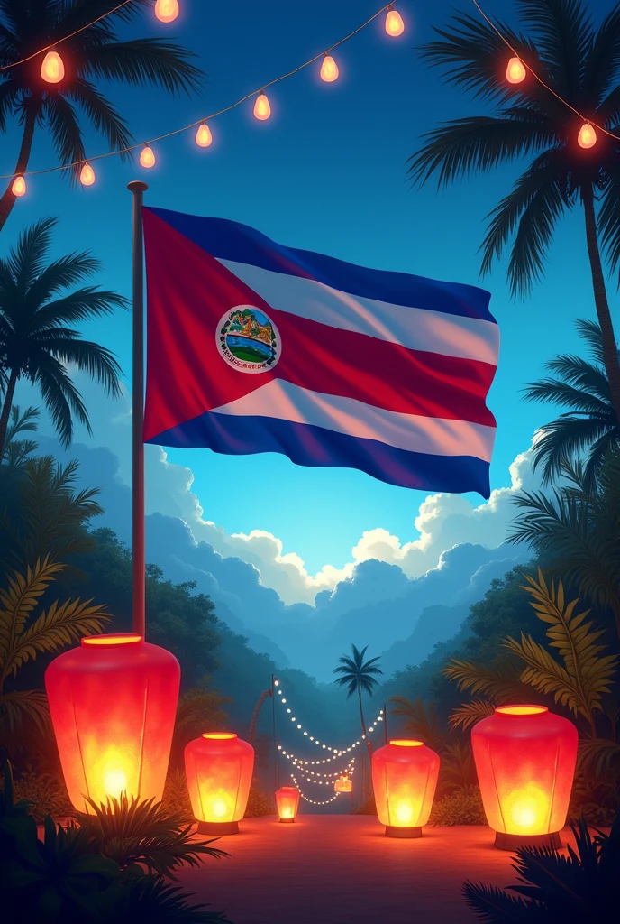 Make me a drawing on the theme of Costa Rica's independence that includes the flag, Lanterns and the concept of freedom