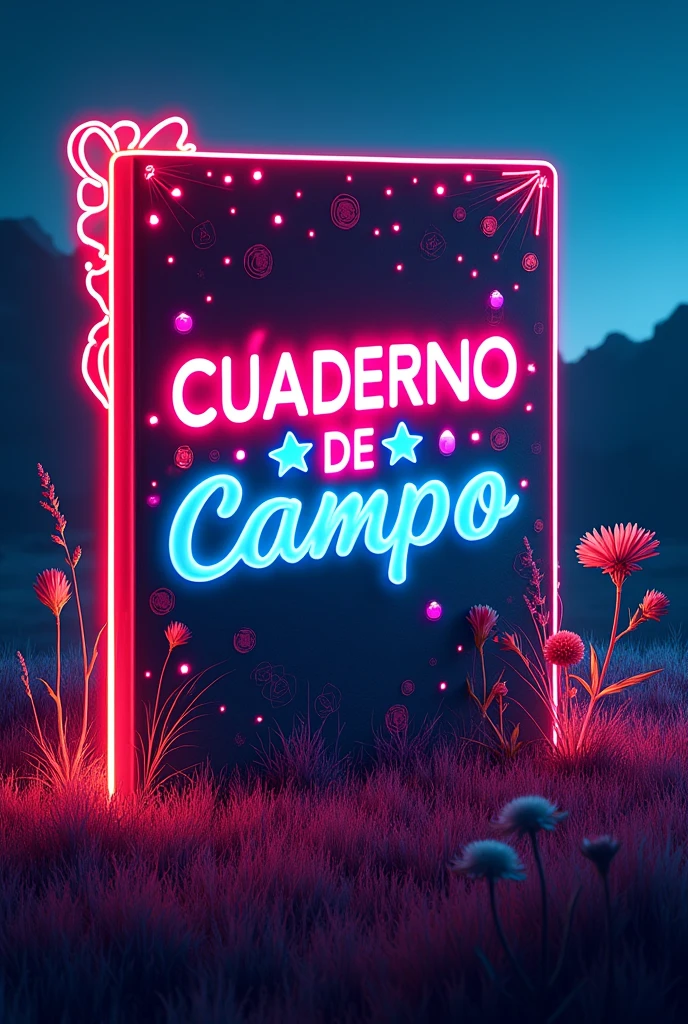 Create a cover image that says "Field notebook" with neon style decorations In Spanish