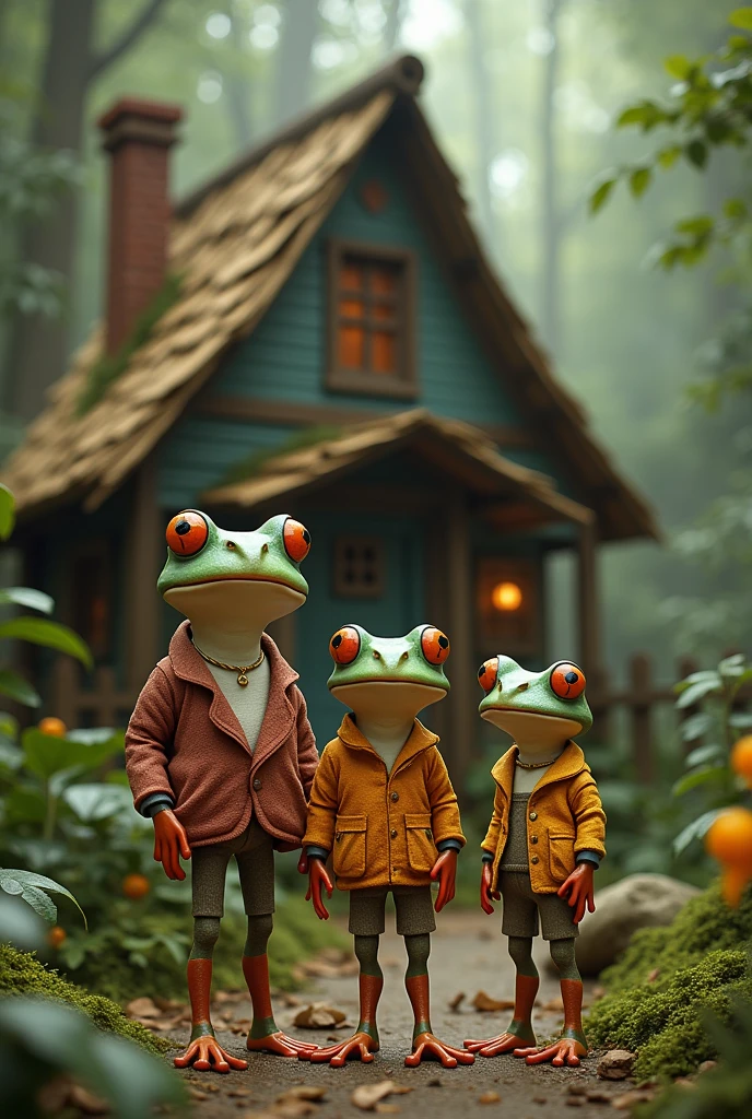 Retro Images，Storytelling，Tree frog，Ultra-realistic，high resolution，Frog family，Frogs are wearing clothes，The background is a retro forest house with a triangular roof

