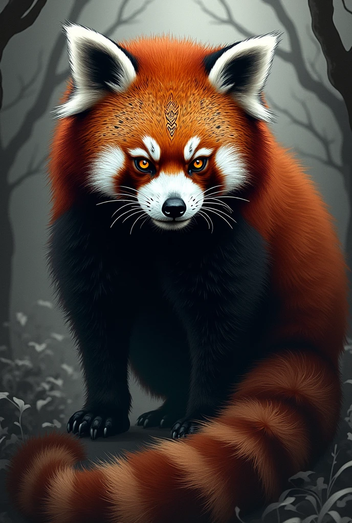 Draw a picture of a red panda, estilo Black work e dark fantasy