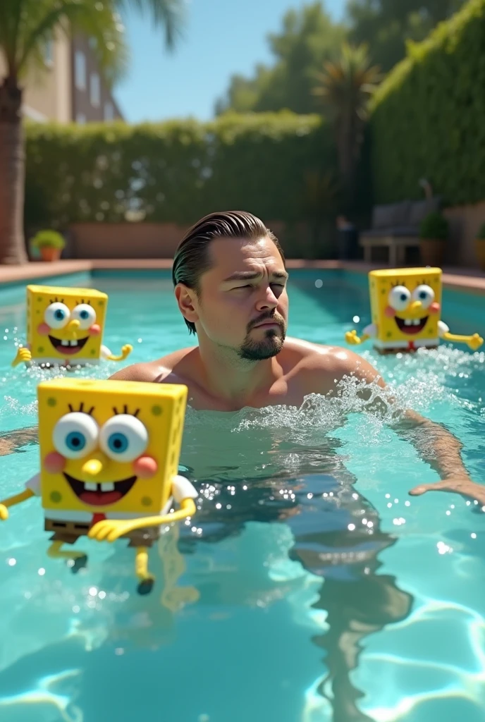 Di Caprio swimming in a pool with 3 spongebobs