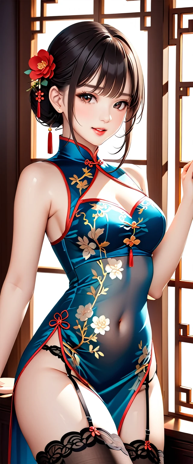 high resolution, Adult women , Good lighting, contemptible, , (exposed), (((Transparent cheongsam))), (()), ((())), (Garter belt), Abdomen only, (),  ,  Cute face, I&#39;I很尴尬，Blushed, humiliation, (()), (T-back)(Existing in large quantities on the body,)，Thong，Camel toe，ricochet，Show your legs