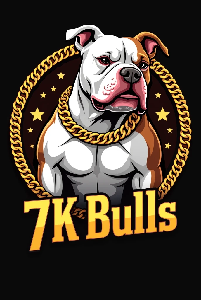 
"Generate an eye-catching logo for an exotic American Bully breeder, micro size. The dog must be muscular, white and exotic brown , with short snout, well-marked forehead and cropped ears like a pitbull. The body should resemble that of an English bulldog., but with extra defined muscles. The logo should include gold chains for a luxurious touch.. The name of the breeder is &#39;7K Bulls&#39; and must be written prominently in a stylish font. The predominant colors should be gold and rich tones that stand out."