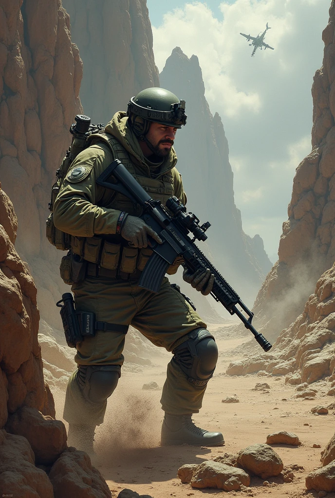 Guy holding machine gun in rocky background with the words contractors showdown above him
