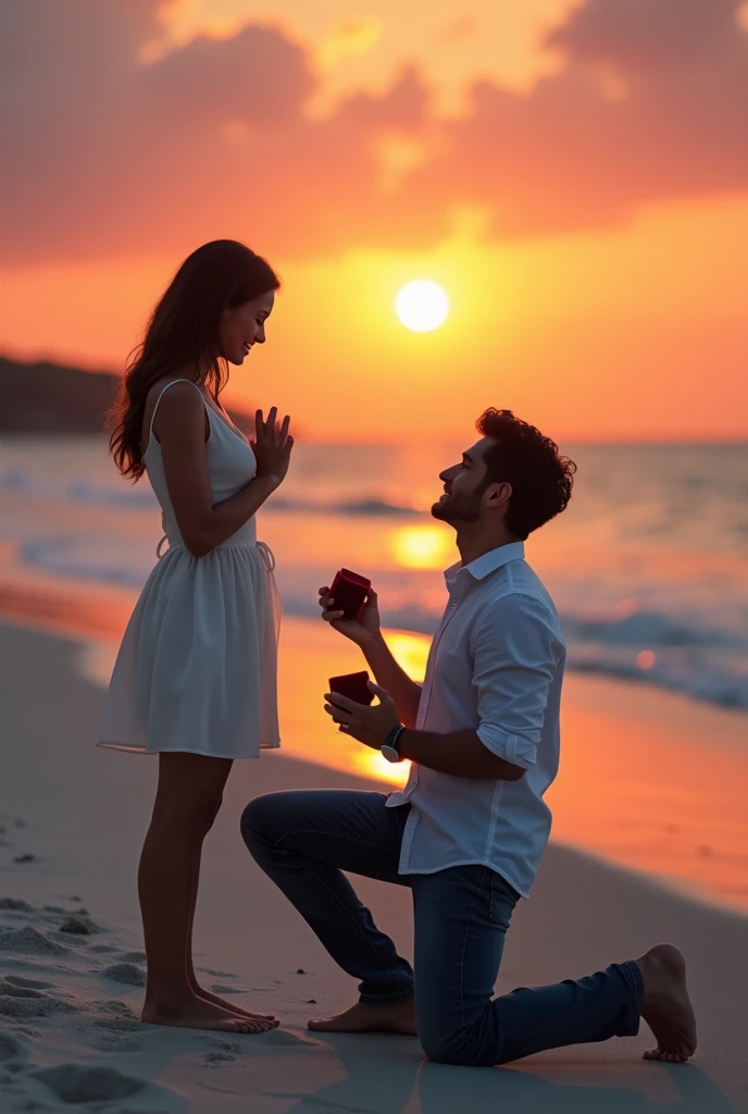 photo of a girl and a boy, in a beach, while he asks her to marry him

