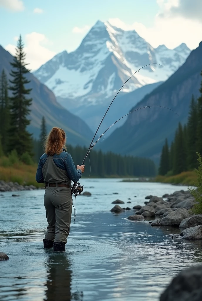 masterpiece:1.2、Highest quality、Real Photo、RAW Photos、A wide river deep in the mountains、Slow-flowing rivers、Stagnant river、Coniferous forest、Beautiful views、I can see a snow-covered mountain in the distance、Rocky Mountains、McKinley、BREAK、Woman enjoying fly fishing、6Foot fishing rod、Woman from behind、Woman casting:1.7、Fly line flying in the air、Fishing in waders