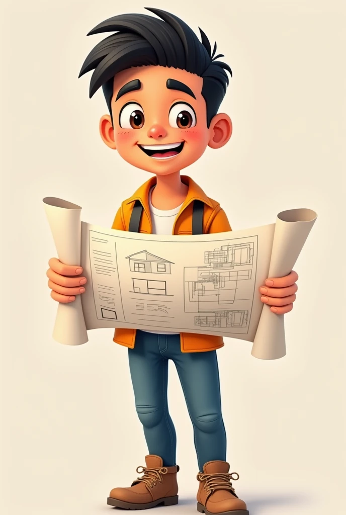 23 year old Peruvian normal young man with thoughtful excited face with construction plans in his hand PNG (as if he were planning his new home) animated format/cartoon