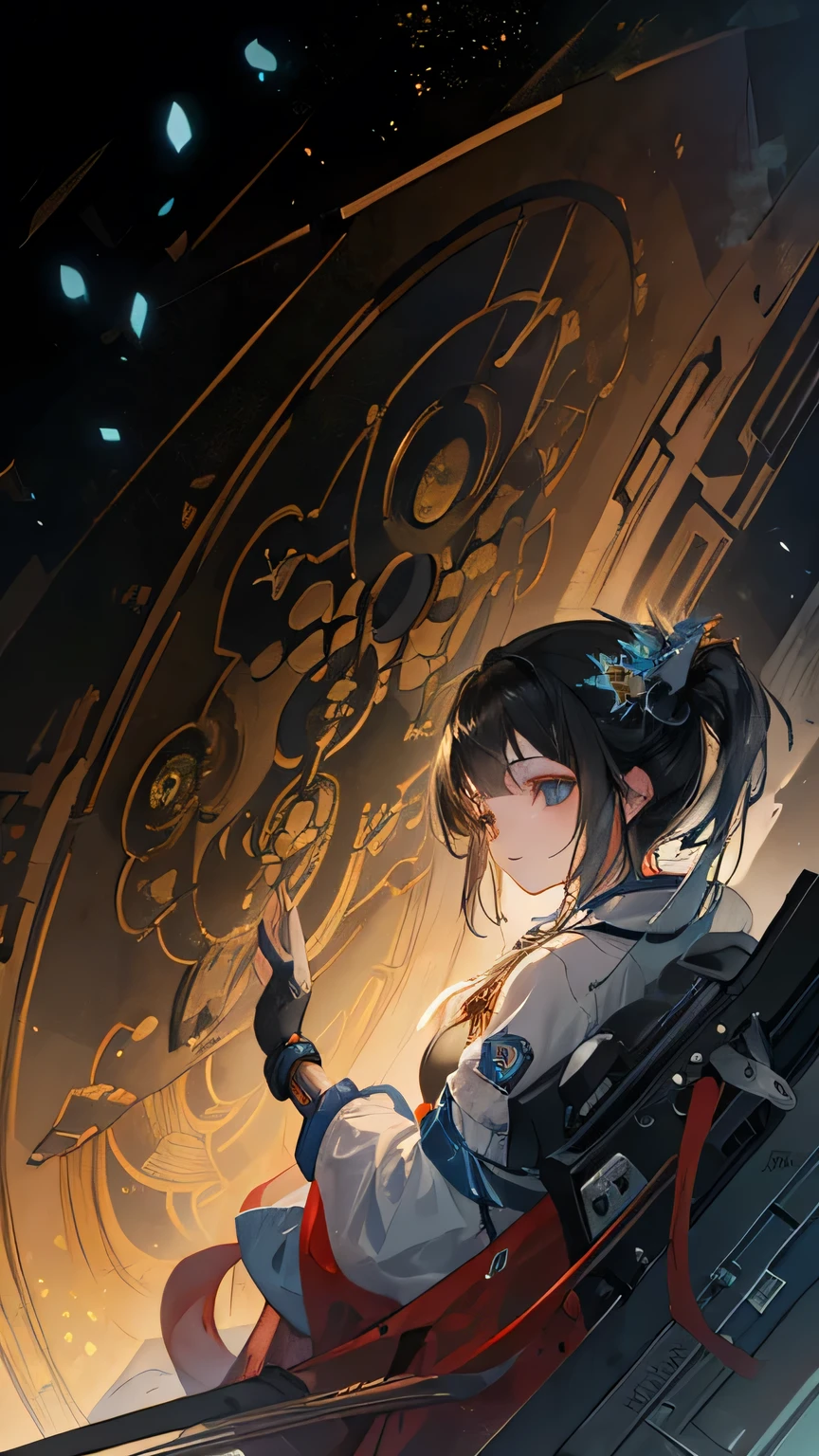 (((masterpiece))), (((Highest quality))), ((Very detailed)), (Highly detailed CG illustrations), ((Very delicate and beautiful)),(From the side),Cinematic Light,A girl climbs into the cockpit、Black Hair、long、Boarding a small spaceship,In the cockpit,Starry Sky, Big Clouds,colored glaze,Golden Universe,Space Station、Preparing for takeoff、Spacesuit、Aiming for Andromeda、Toa Heavy Industries decals、Lonely smile,Good luck,Close the hatch,Complex Instrumentation、White Mask