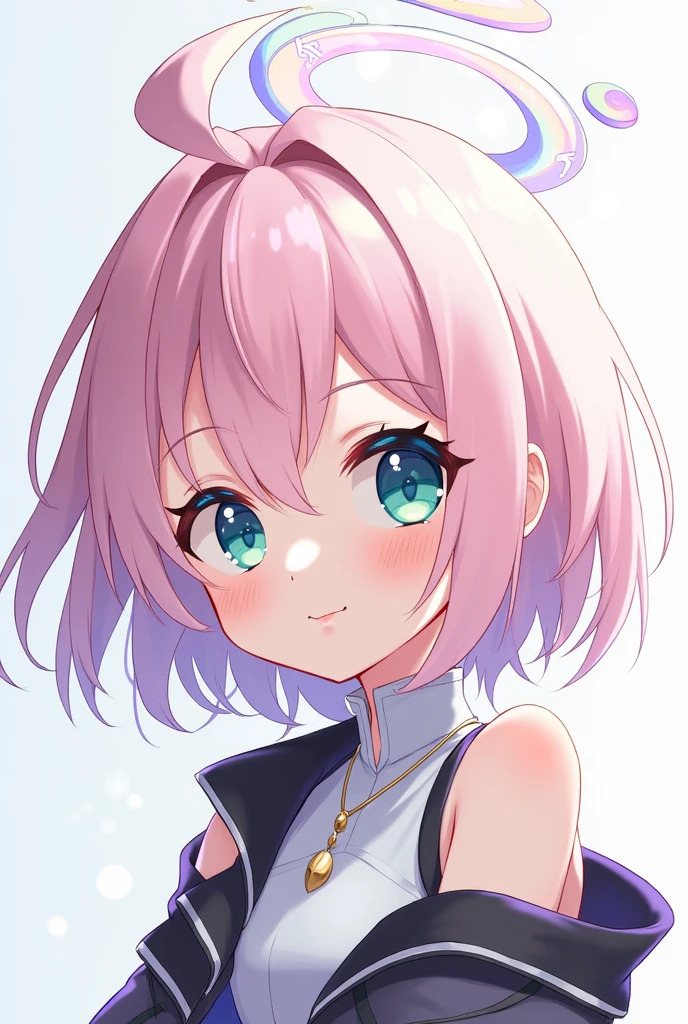 Anime human girl, a young girl with a halo shaped like a moon, light pink hair, and two different colored eyes. Her outfit is cyber-style but modern, and she has a cheerful smile.