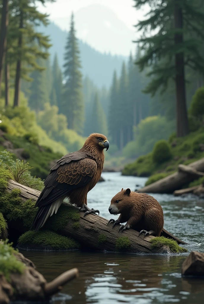 A beaver and an eagle near a river in the forest close up