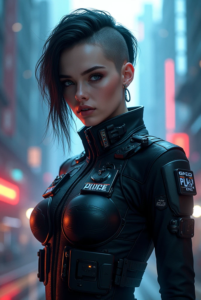 arafed woman in a police uniform posing for a picture, cyberpunk art by Adrian Zingg, trending on cgsociety, digital art, officer, wojtek fus, police officer, police lights shine on her face, photorrealistic concept art, ultra realistic concept art, cyberpunk 2 0 y. o model girl, police, cyberpunk art ultrarealistic 8k