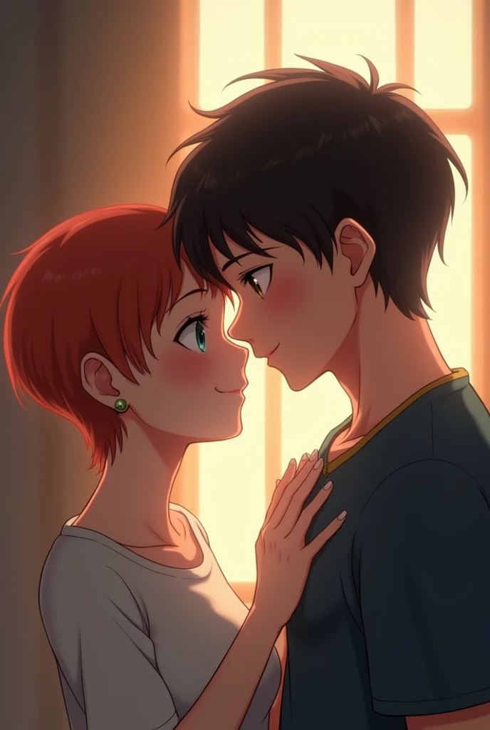 Sweet smiling tan girl with pixie cut ginger hair and sad aqua blue eyes kissing the forehead of a charming Ex-convict bad boy with short black hair and dark brown eyes