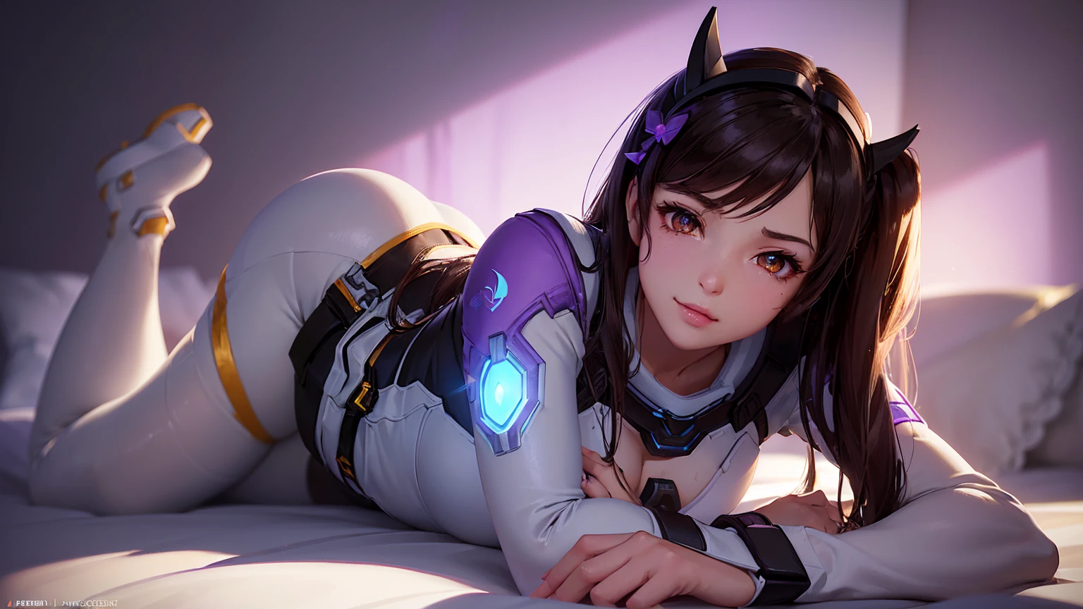 (masterpiece), (best quality), (intricate details), high resolution, visually stunning, sidelighting, (((amber eye colour which glow)), deep shadow, nothing but white background, (Dva from overwatch), (wearing a jumpsuit which is predominantly light blue, with a bit of black and purple on the sides), brown hair, heart-shaped pupils, , seductive smile, cinematic lighting, sparkle, ray tracing, backlighting, ((super shiny face)), thick thighs with skinny body, (winking at pov), (Lying down horizontally),