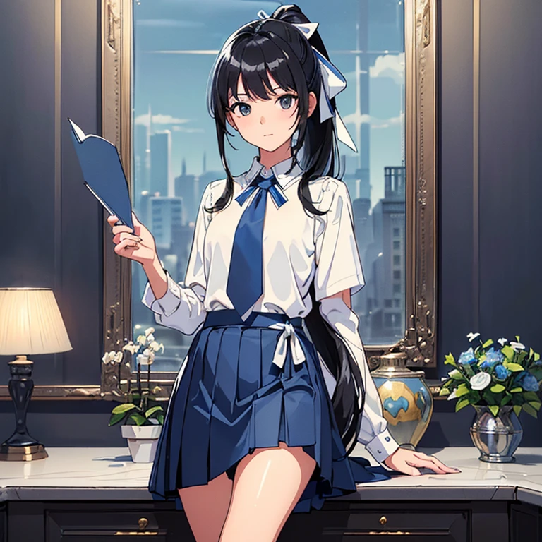 masterpiece, top quality, high resolution, very detailed, detailed background,(Praurem Chrome, (black hair, semi long hair, Blue ribbon on ponytail),(white blouse, Blue short ribbon tie, blue long skirt), small, Tidy, black eye,Studying, soft smile), Extended, chic study, vase