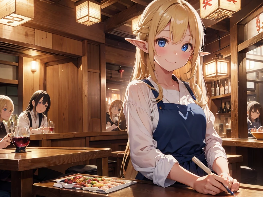 High resolution、8k Ultra HD、((water color))、Inside the japanese izakaya restaurant, Yakitori, Edamame, Blonde long hair elf, She is wearing a white blouse、((Blue eyes)), ((smile)), (Glass of red wine), The men around me are drunk