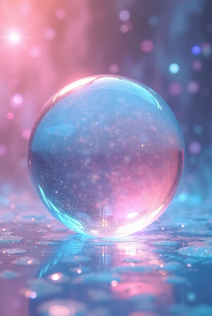 Create a bubble made of pink-blue crystal (hologram effect), glass material, soft glow, beautiful bright hologram background