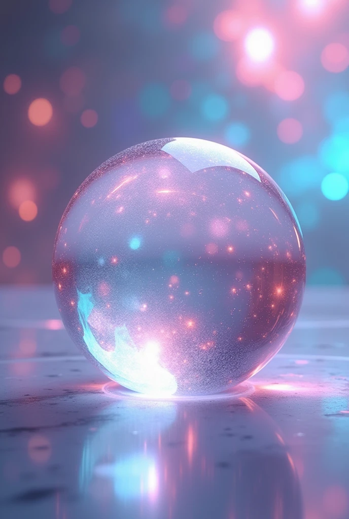 Create a bubble made of pink-blue crystal (hologram effect), glass material, soft glow, beautiful bright hologram background