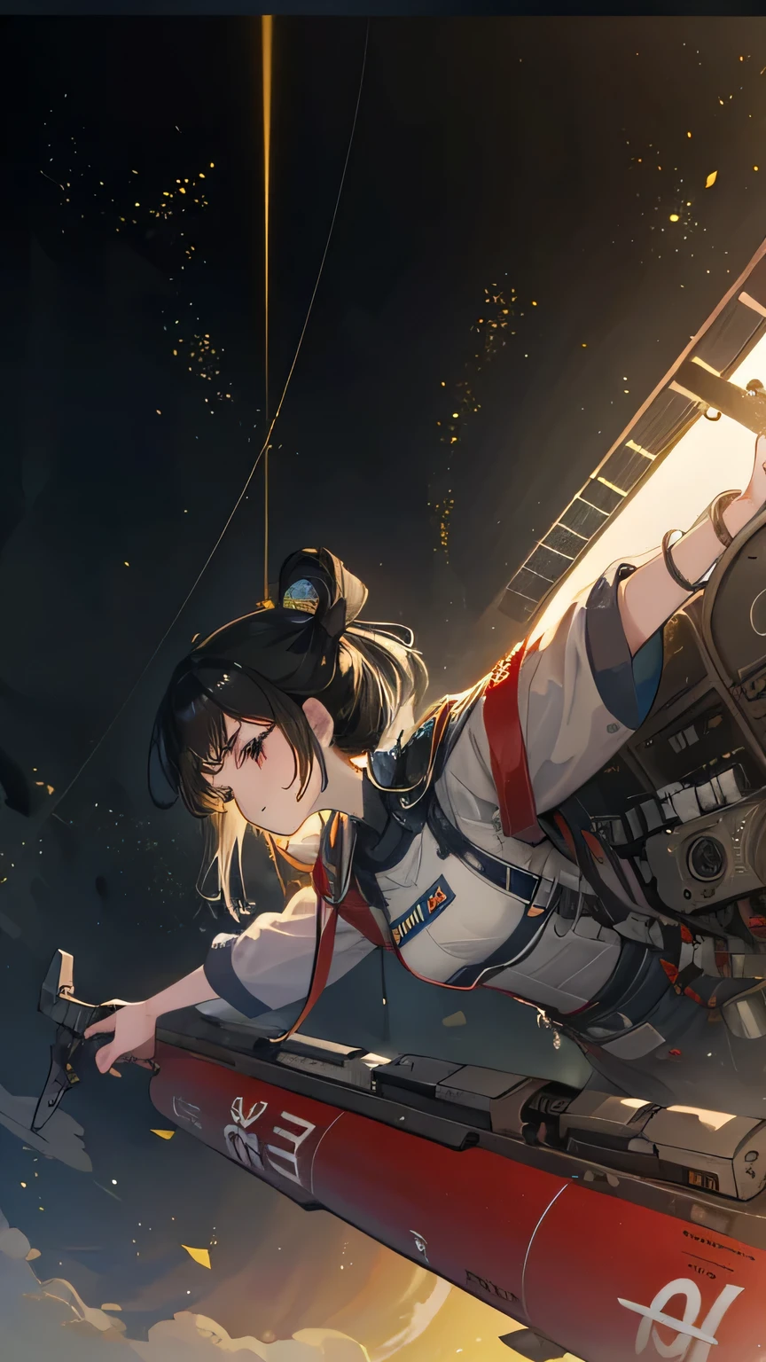 (((masterpiece))), (((Highest quality))), ((Very detailed)), (Highly detailed CG illustrations), ((Very delicate and beautiful)),(From the side),Cinematic Light,A girl climbs into the cockpit、Black Hair、long、Boarding a small spaceship,In the cockpit,Starry Sky, Big Clouds,colored glaze,Golden Universe,Space Station、Preparing for takeoff、Spacesuit、Aiming for Andromeda、Toa Heavy Industries decals、Lonely smile,Good luck,Close the hatch,Complex Instrumentation、White Mask